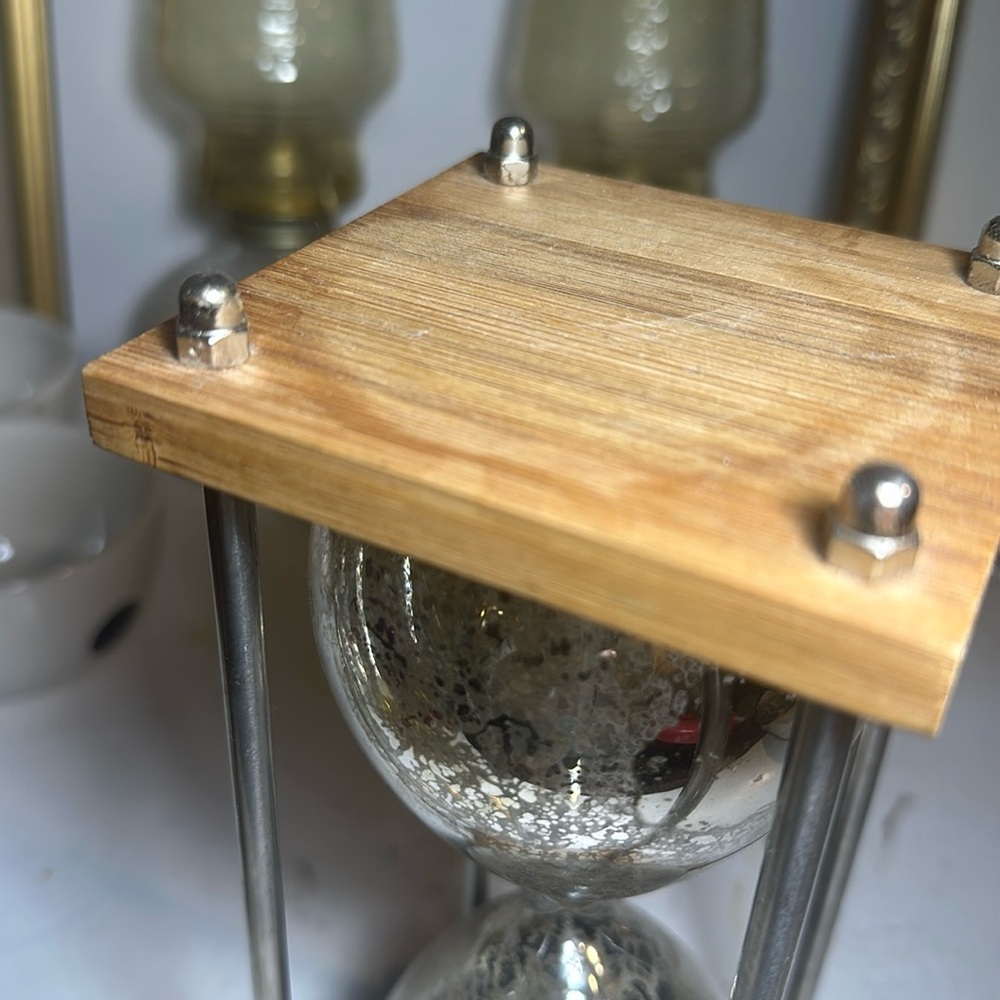 Vintage Decorative Hourglass Timer w/ Silver Mercury Glass Finish & Wooden Base - Picture 6 of 6